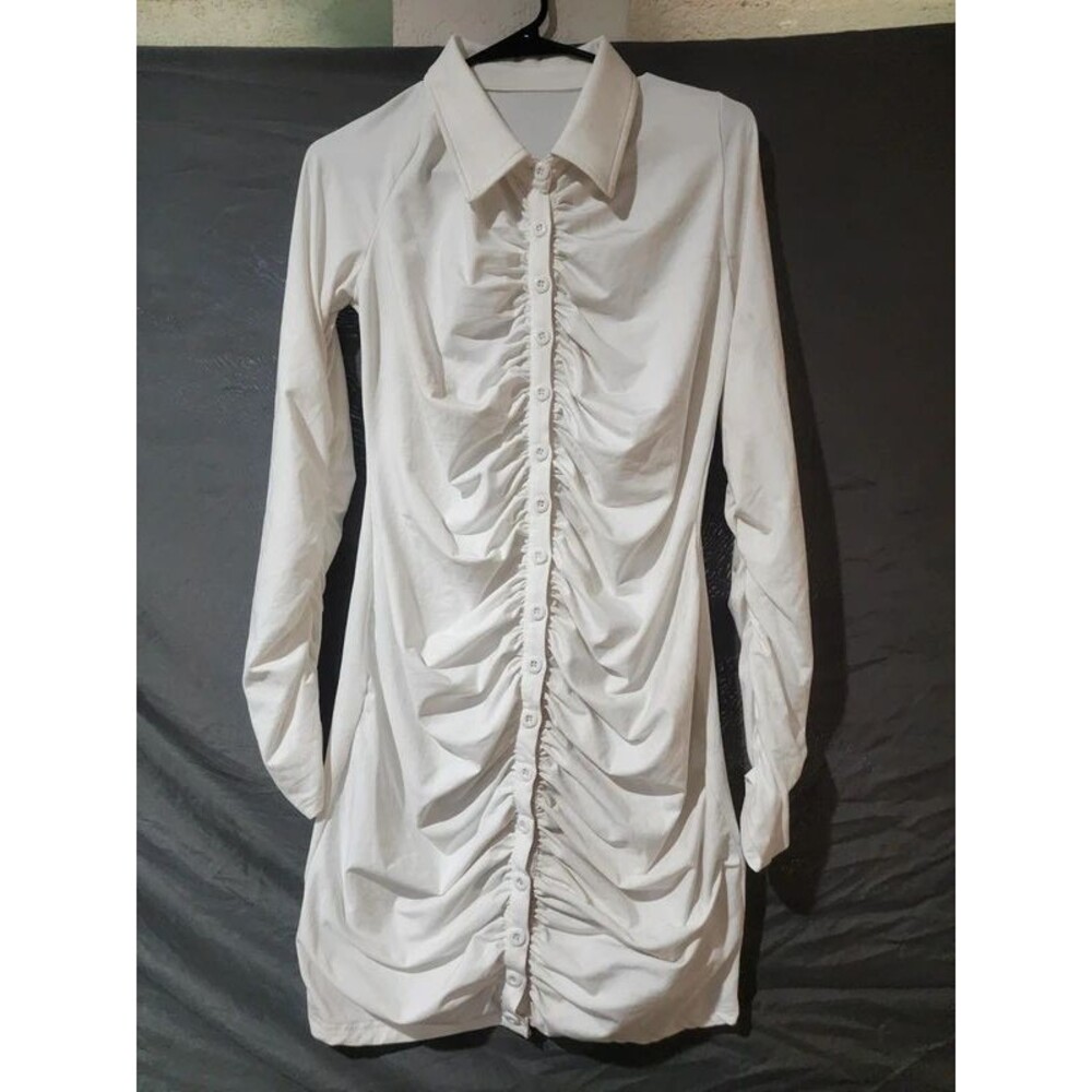 Womens XL White Long Sleeve Ruched Button Down Collared Bodycon Mini Shirt Dress